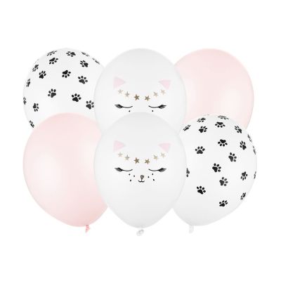 Confezione con 6 PALLONCINI tema GATTO bianco e rosa 30 cm