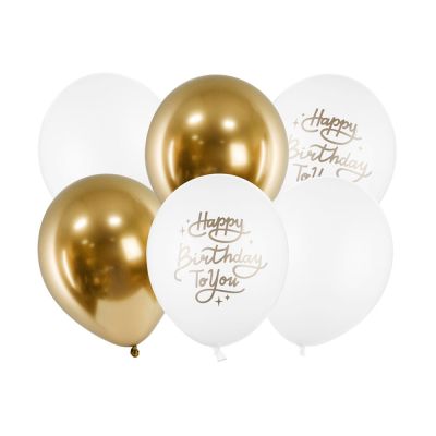 Confezione con 6 PALLONCINI buon compleanno bianco e oro 30 cm